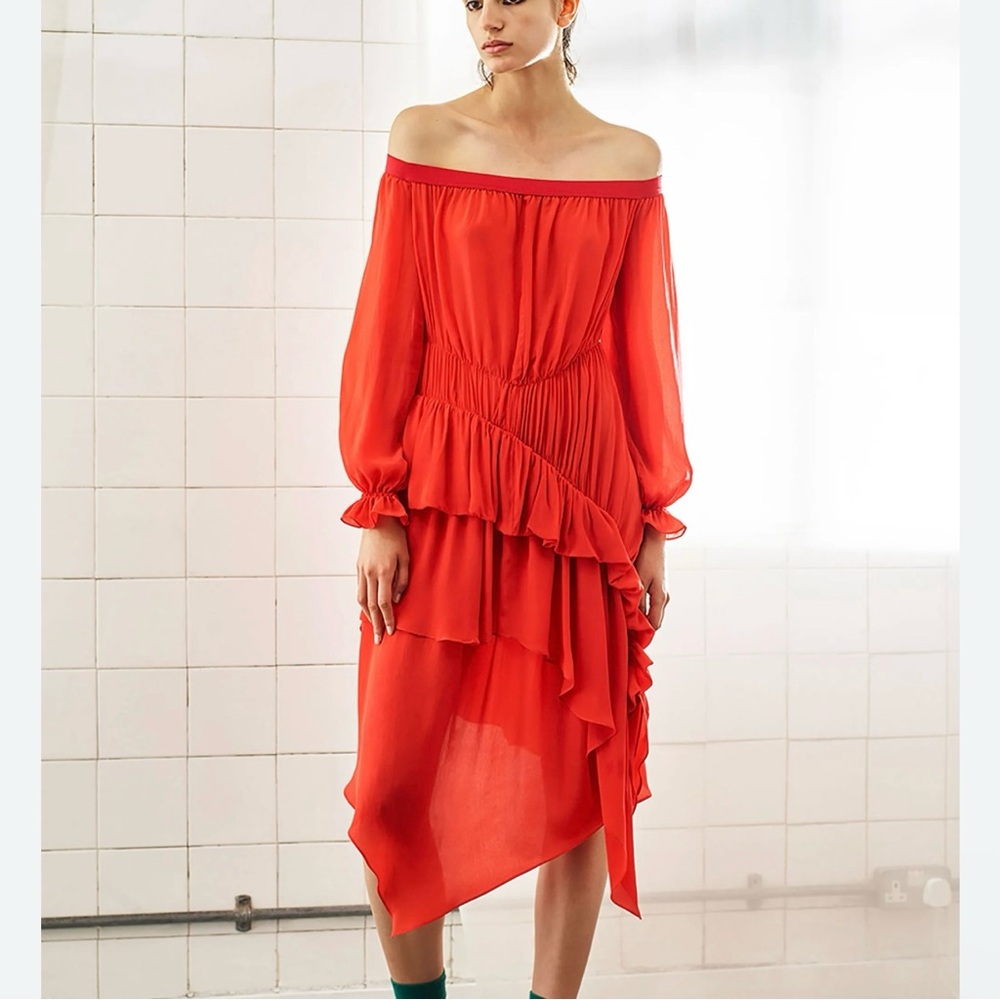 PREEN LINE Red Off Shoulder Dress‎ Asymmetrical Midi Size XS